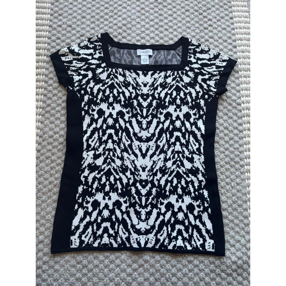 Carmen Marco Valvo Dressy Black & White Abstract Knit Top – Size Large - Picture 4 of 8